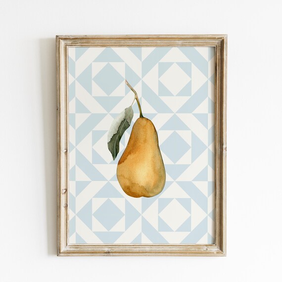 Blue Quilted Pear Illustration, Kitchen Decor