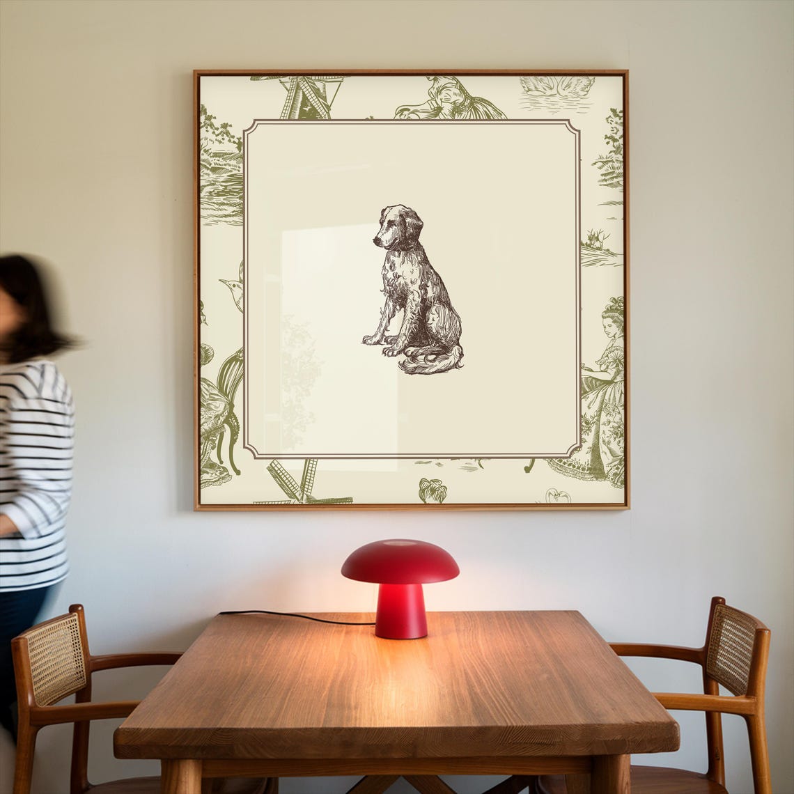 Green Toile Border Sitting Dog Engraving Vintage Animal Poster - Image 4