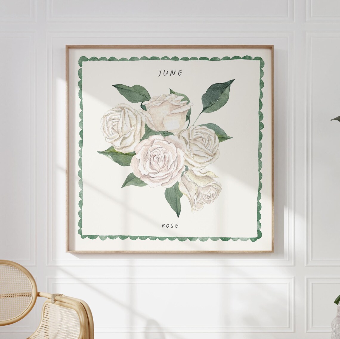 June White Rose Watercolor Birth Month Flower Green Border Art Poster - Image 4