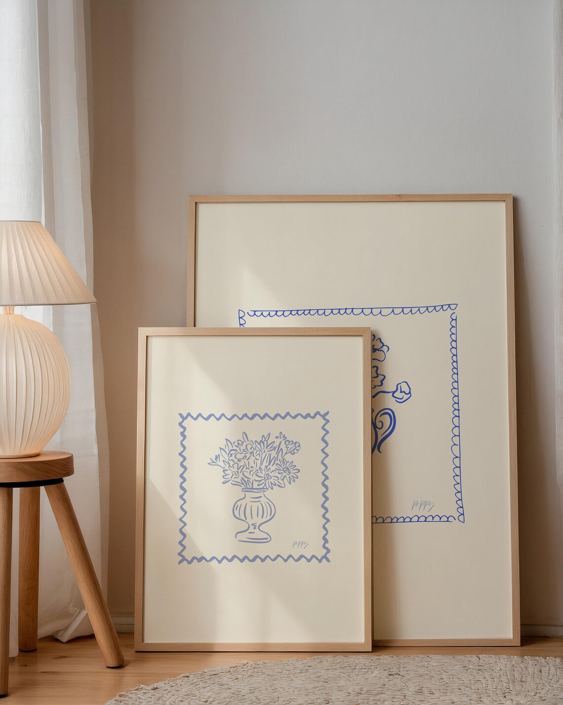 Blue Floral Urn Stamp Border Line Art Cream Print Vintage Poster - Image 2