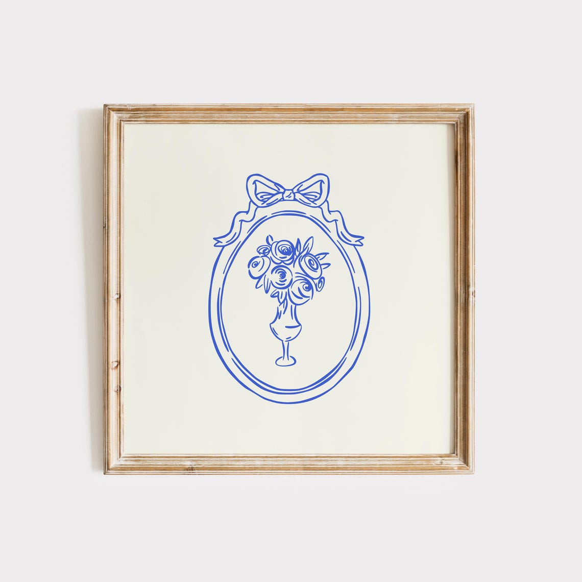 Blue Line Rose Bouquet Vase Coquette Bow Oval Frame Art Print
