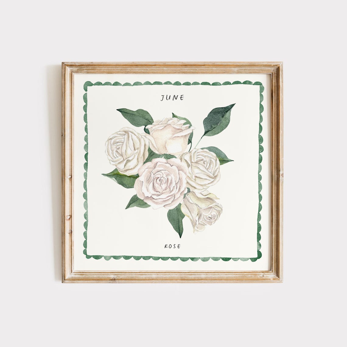 June White Rose Watercolor Birth Month Flower Green Border Art Poster
