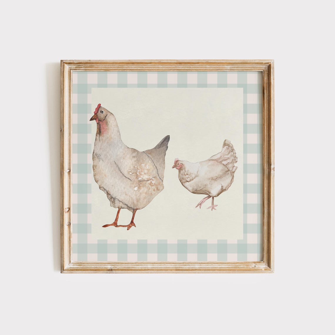 Watercolor Chickens Pair Gingham Check Border Farmhouse Poster