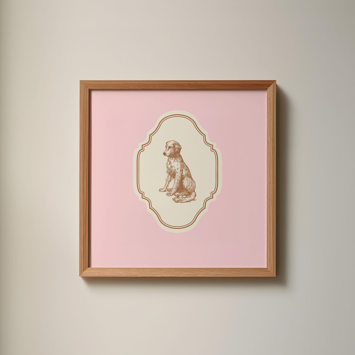 Vintage Sitting Dog Etching Pink Ornate Square Nursery Wall Art
