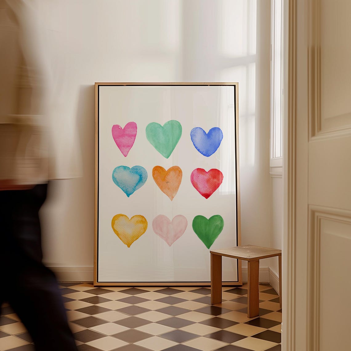 Colorful Watercolor Hearts Grid Love Nursery Rainbow Wall Art Poster