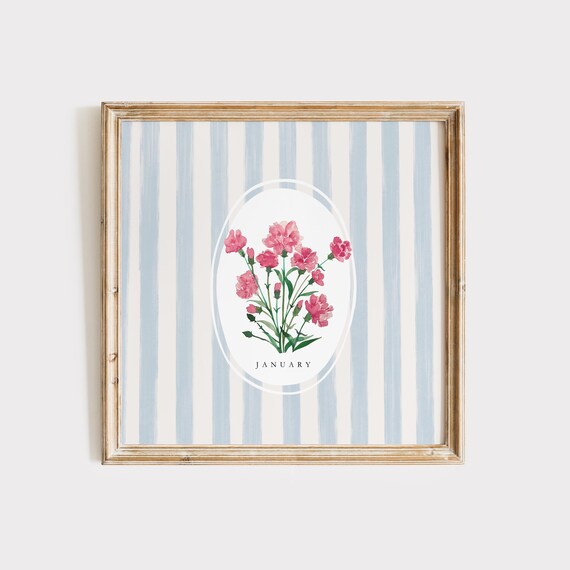 January Carnation Birth Month Flower Blue Stripe Watercolor Bouquet Poster