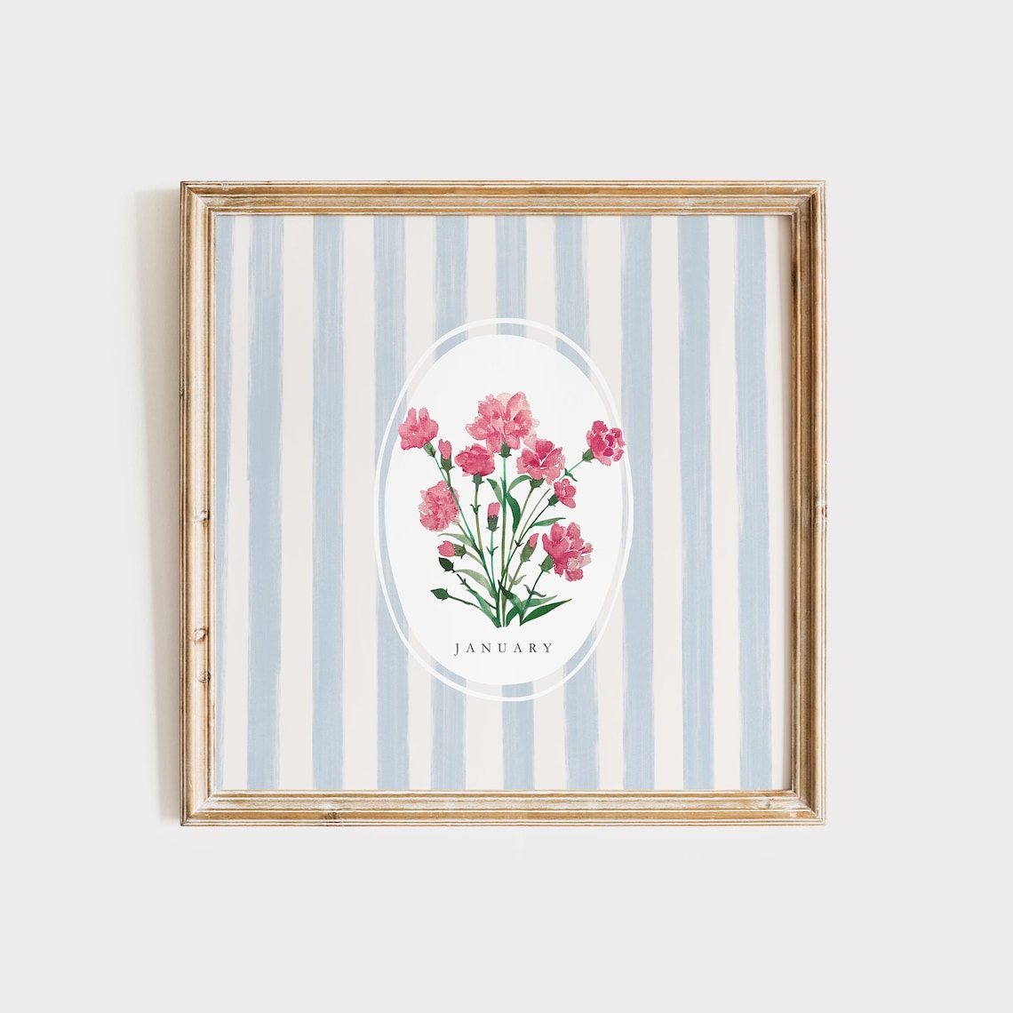January Carnation Birth Month Flower Blue Stripe Watercolor Bouquet Poster