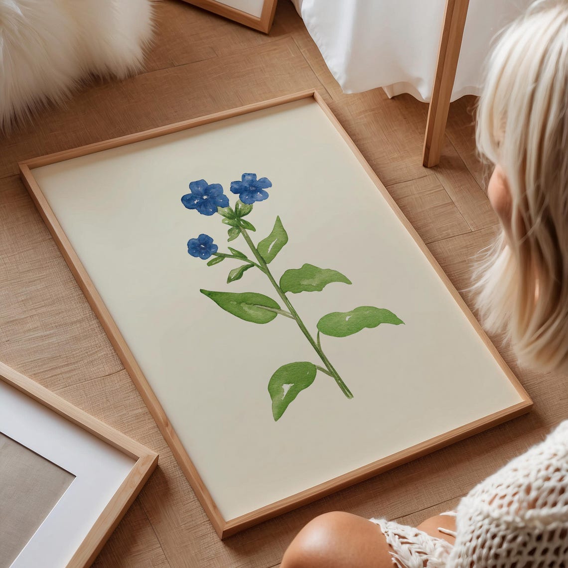 Blue Wildflower Single Stem Watercolor Gold Frame Botanical Wall Art - Image 2