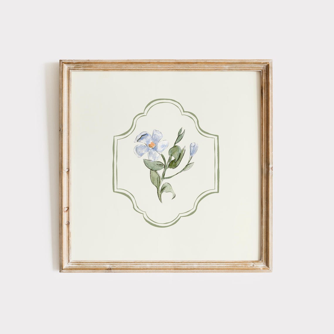 White Bluebell Wildflower Watercolor Sage Frame Wall Art Print Poster