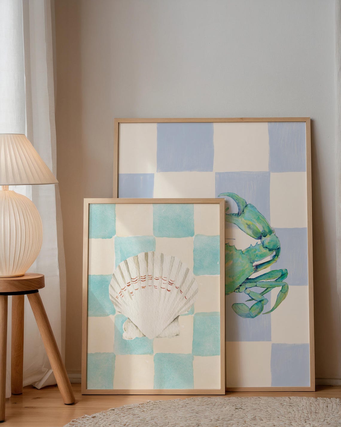 Watercolor Scallop Shell Blue Checkerboard Coastal Decor Art Poster - Image 3