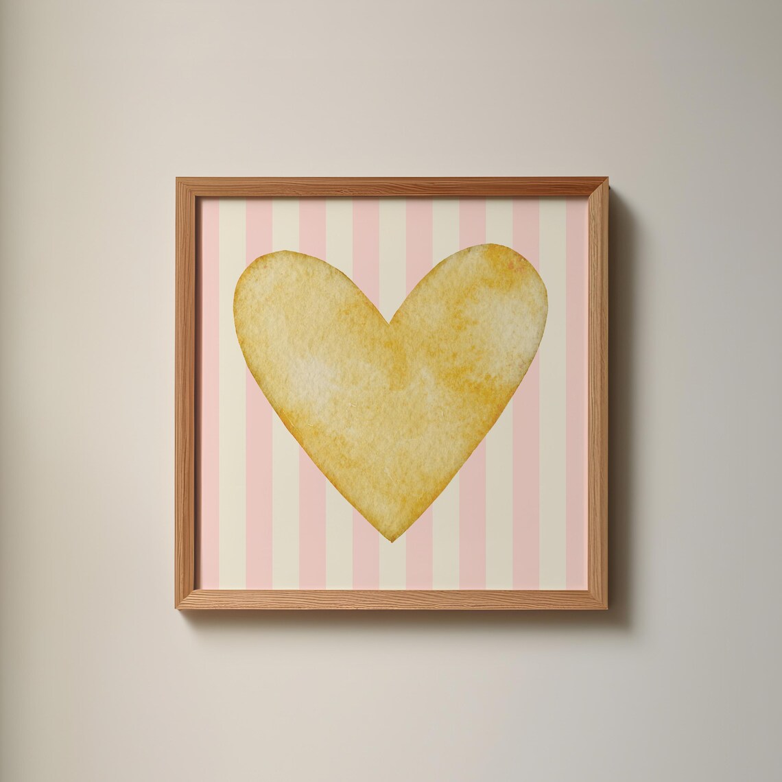 Golden Yellow Watercolor Heart Pink Stripe Square Valentine Art Poster - Image 3