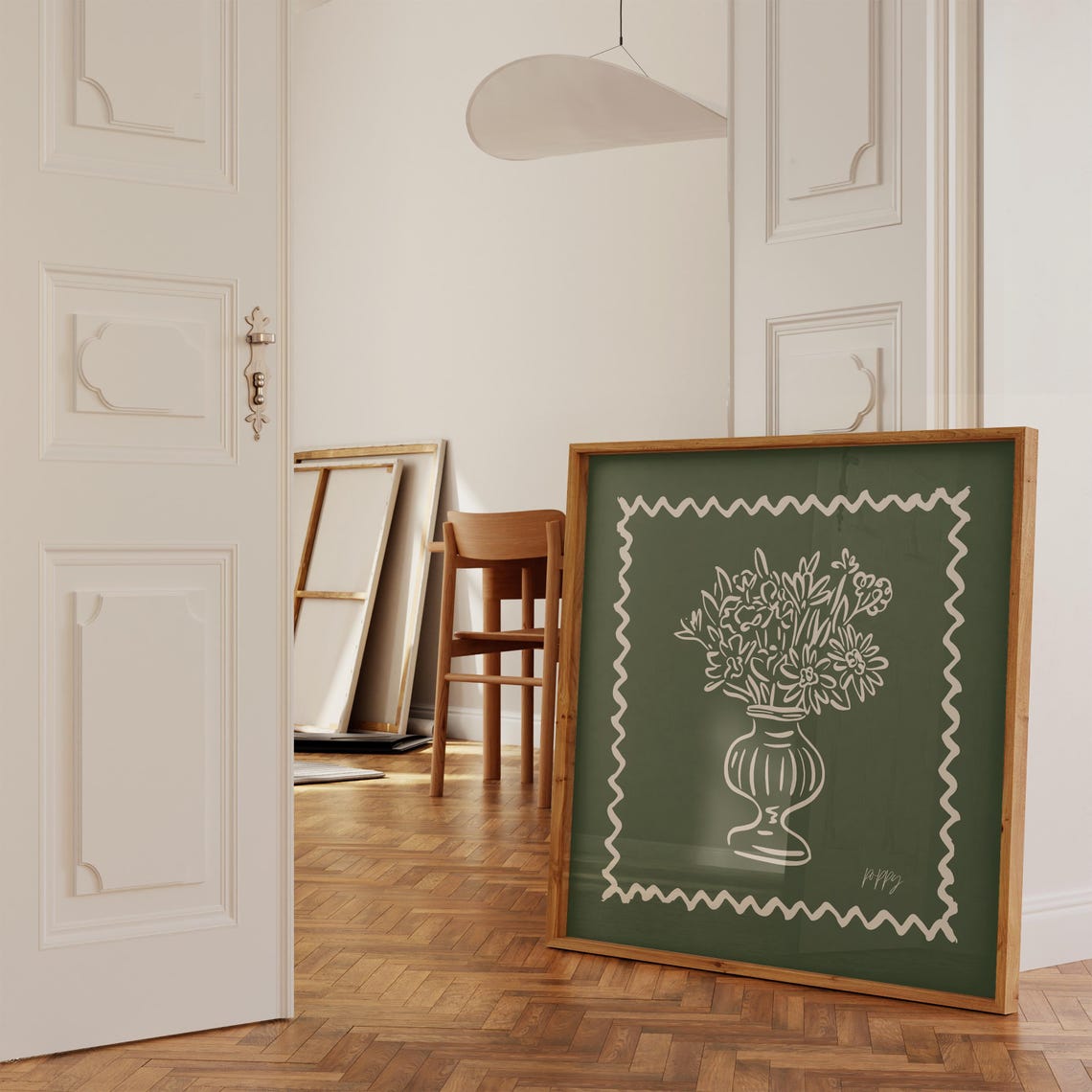 Forest Green Background Cream Line Wildflowers Vase Modern Wall Poster - Image 3