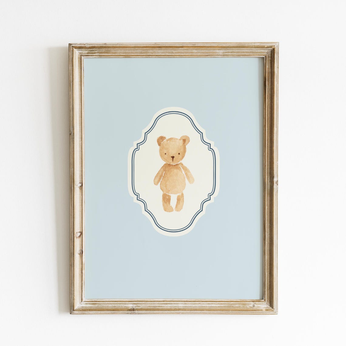 Baby Blue Vertical Teddy Bear Watercolor Ornate Nursery Poster