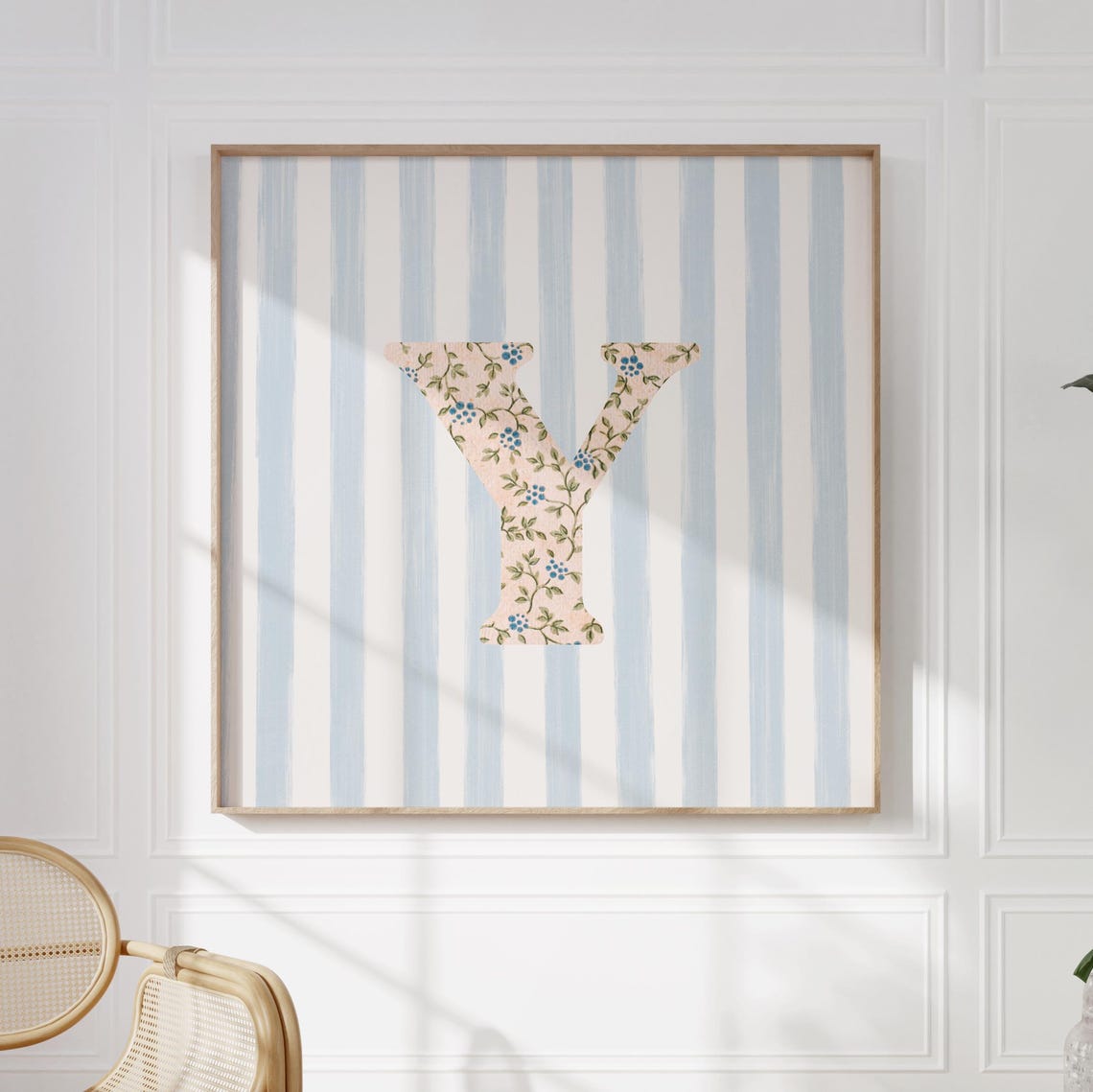 Floral Chintz Letter Y Monogram Initial Blue Striped Wall Poster