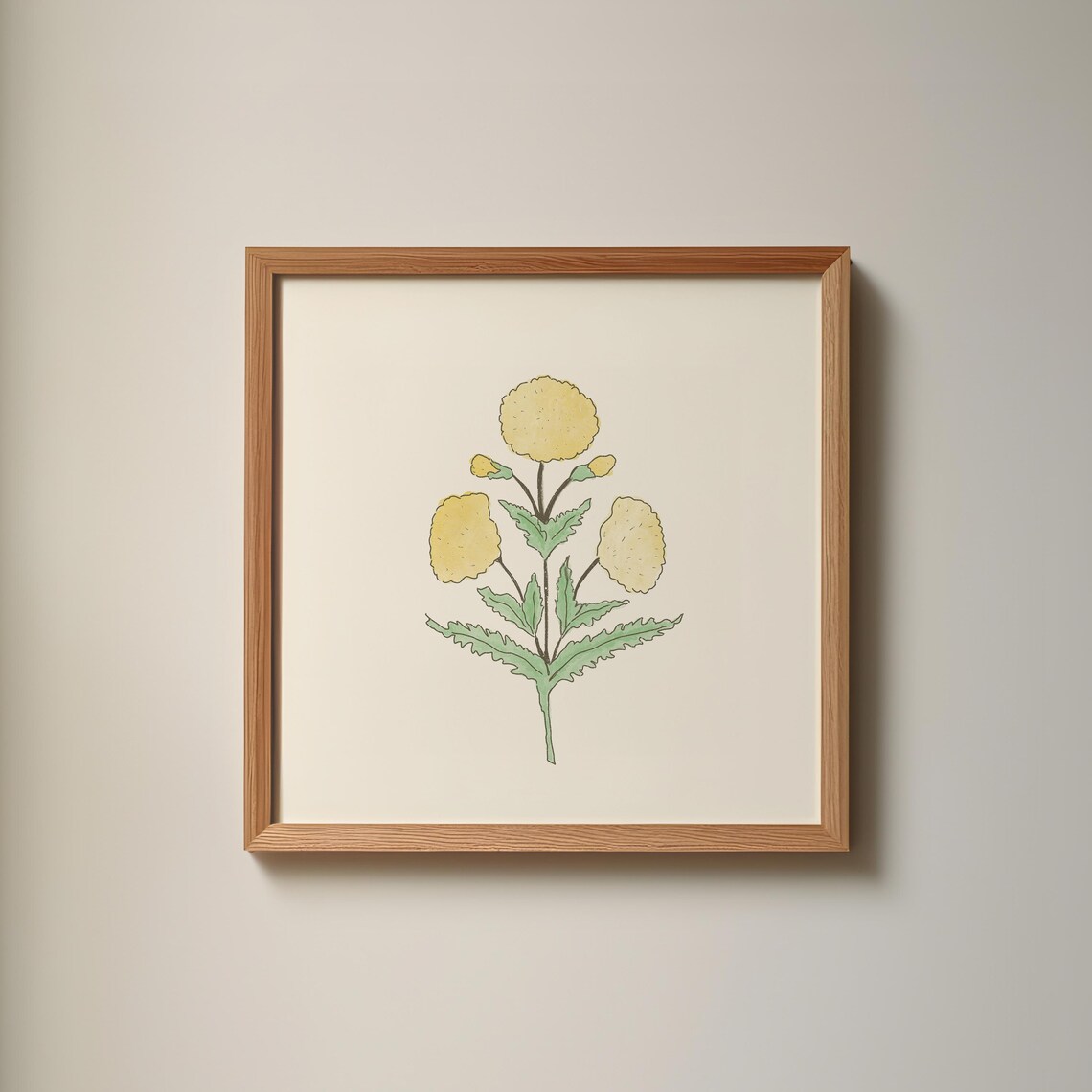 Hand Drawn Yellow Dahlia Stem Watercolor on Cream Minimal Floral Poster - Image 2