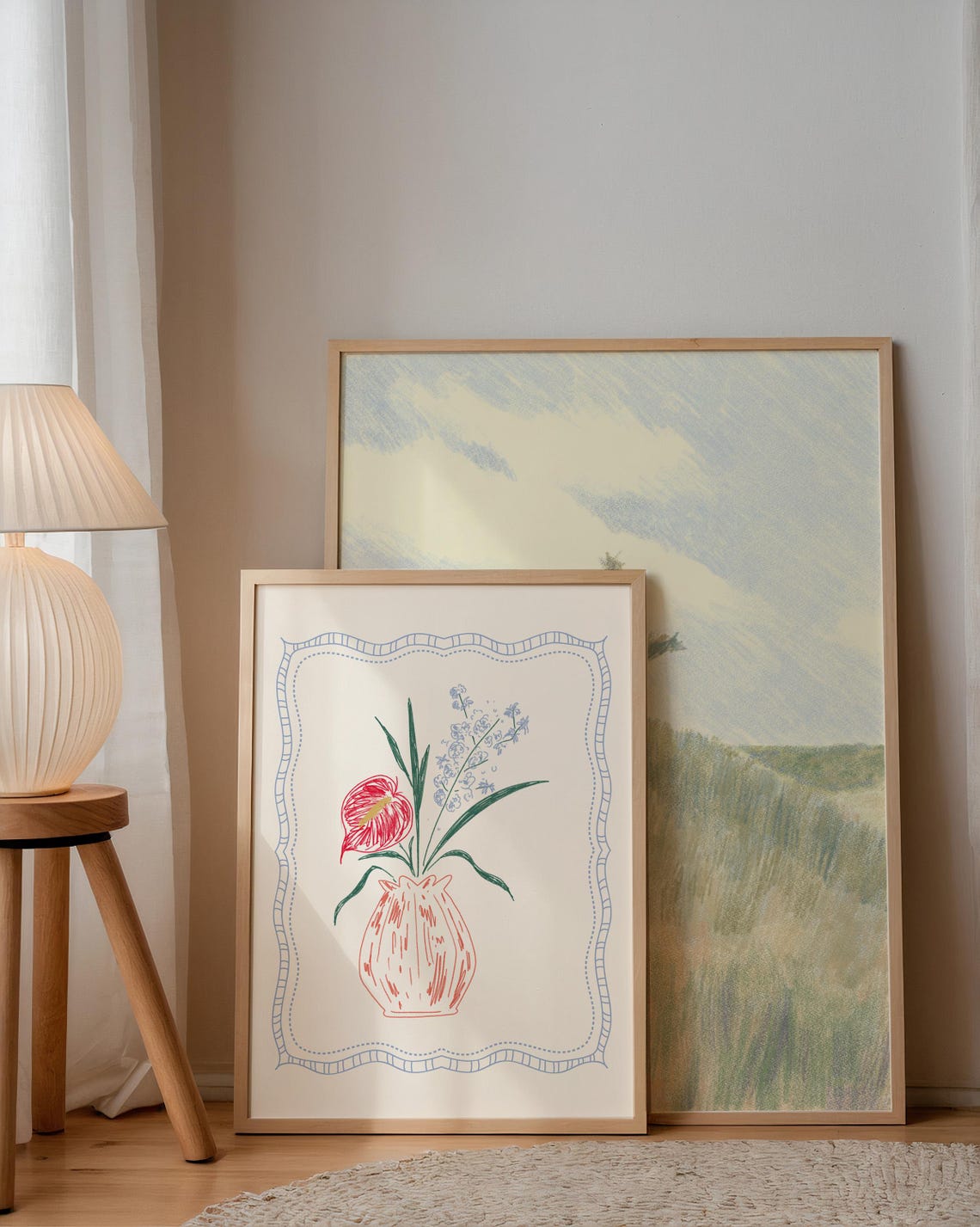 Red Anthurium Blue Blossom Bouquet Line Art Pink Vase Cottage Poster - Image 2