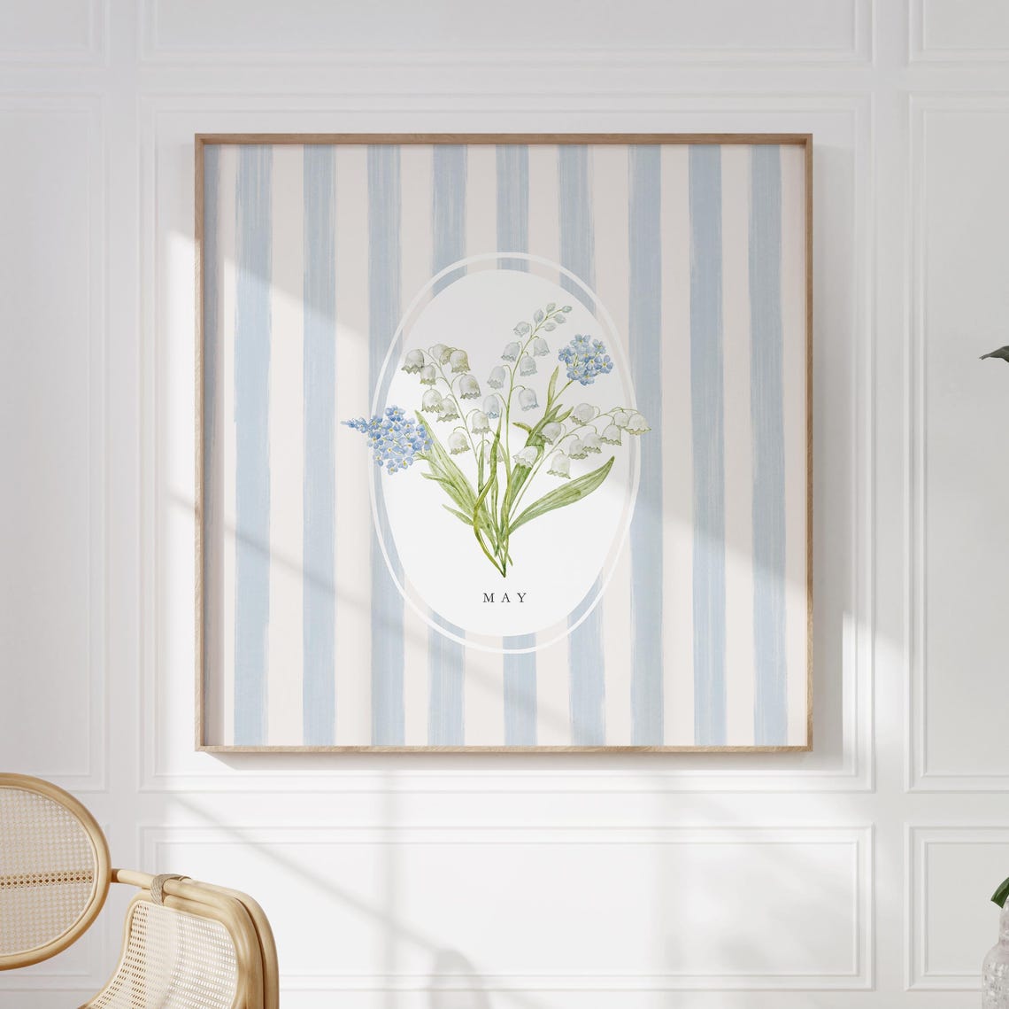 May Lily Of The Valley Birth Flower Botanical Blue Stripe Poster - Image 3