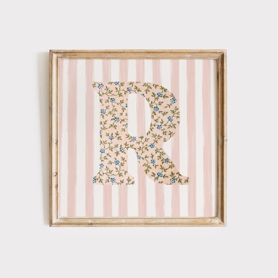 R Square Initial Floral Watercolor Vintage Art Print