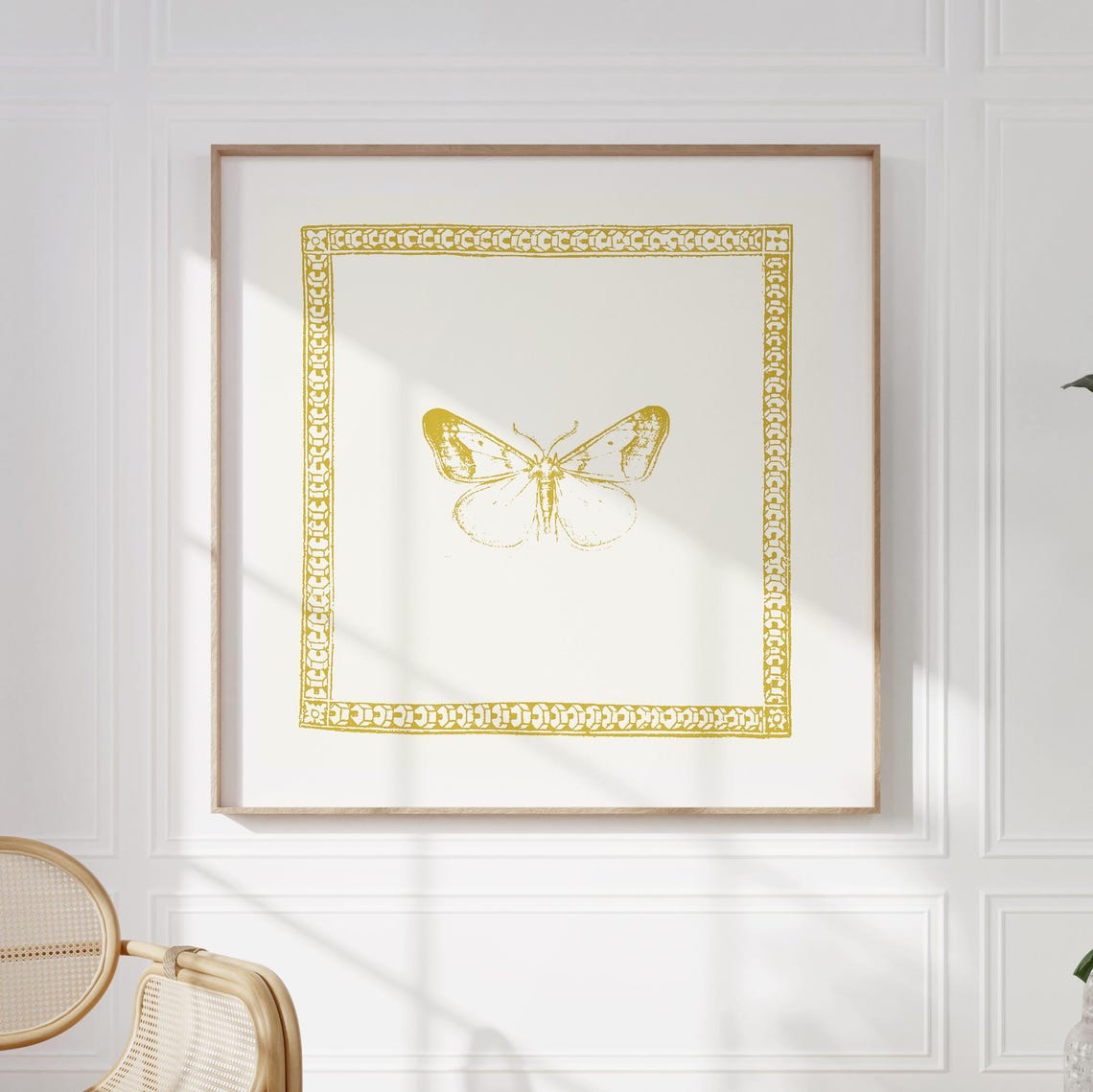 Chartreuse Green Butterfly Ornate Border Vintage Square Art Print - Image 2
