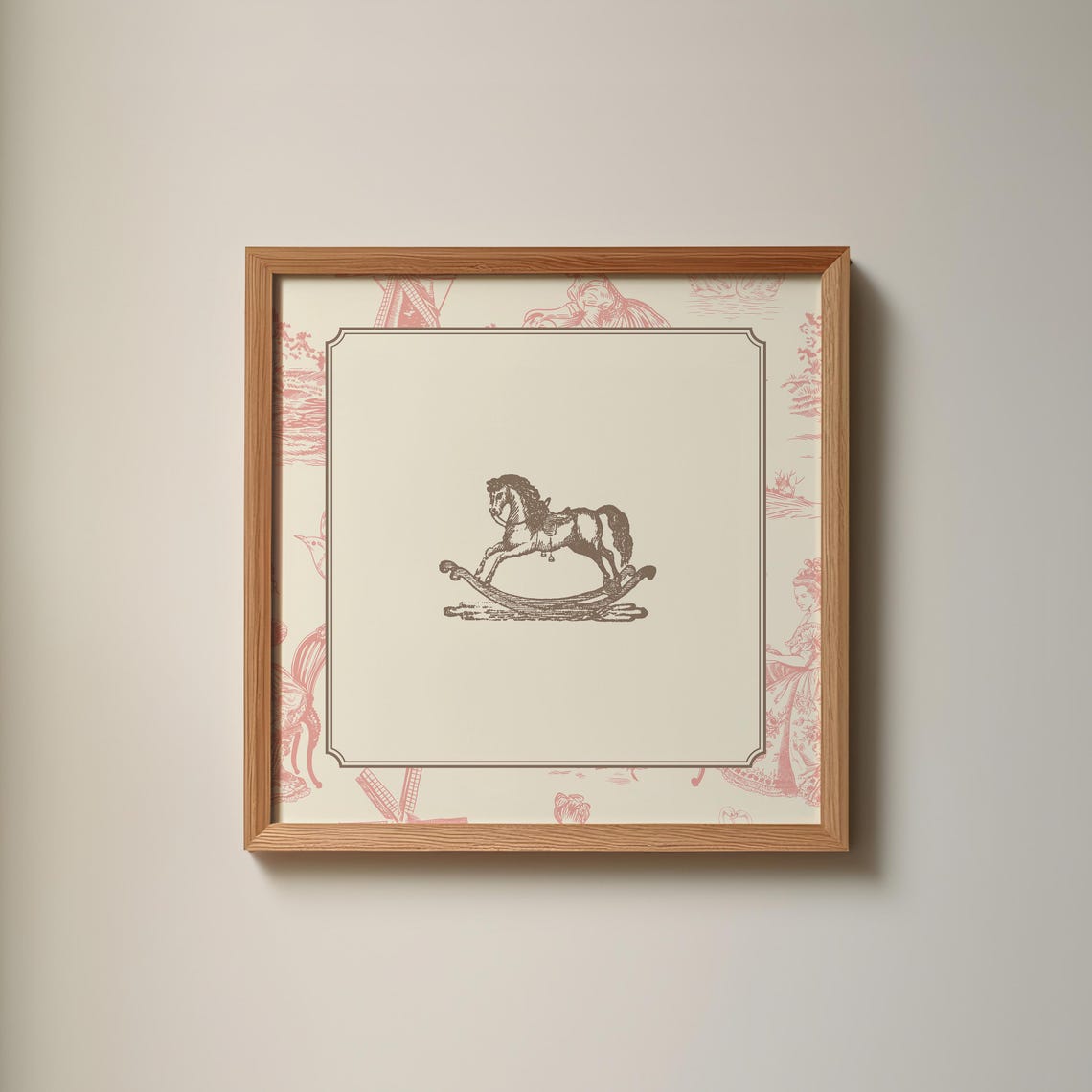 Pink Toile Border Vintage Rocking Horse Engraving Nursery Poster - Image 3