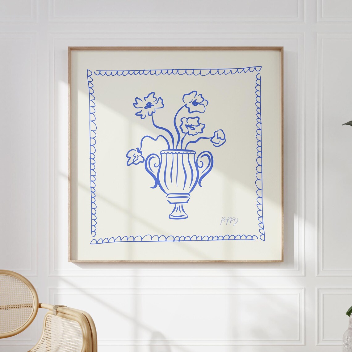 Cobalt Blue Line Poppies Urn Vase Scalloped Border Sketch Wall Poster - Image 5