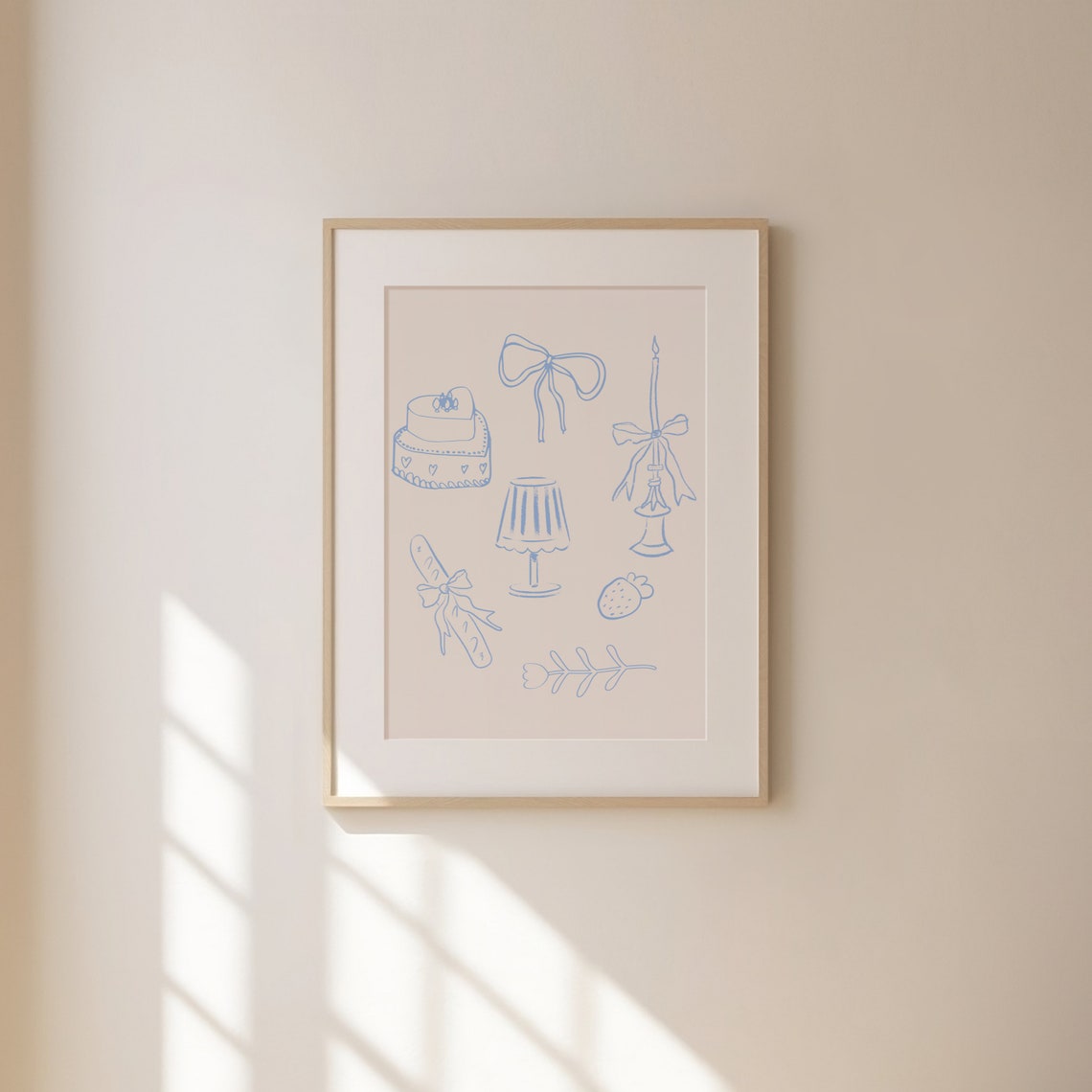 Blue Line Doodle Kitchen Icons Cake Bow Candle Coquette Decor Poster - Image 2