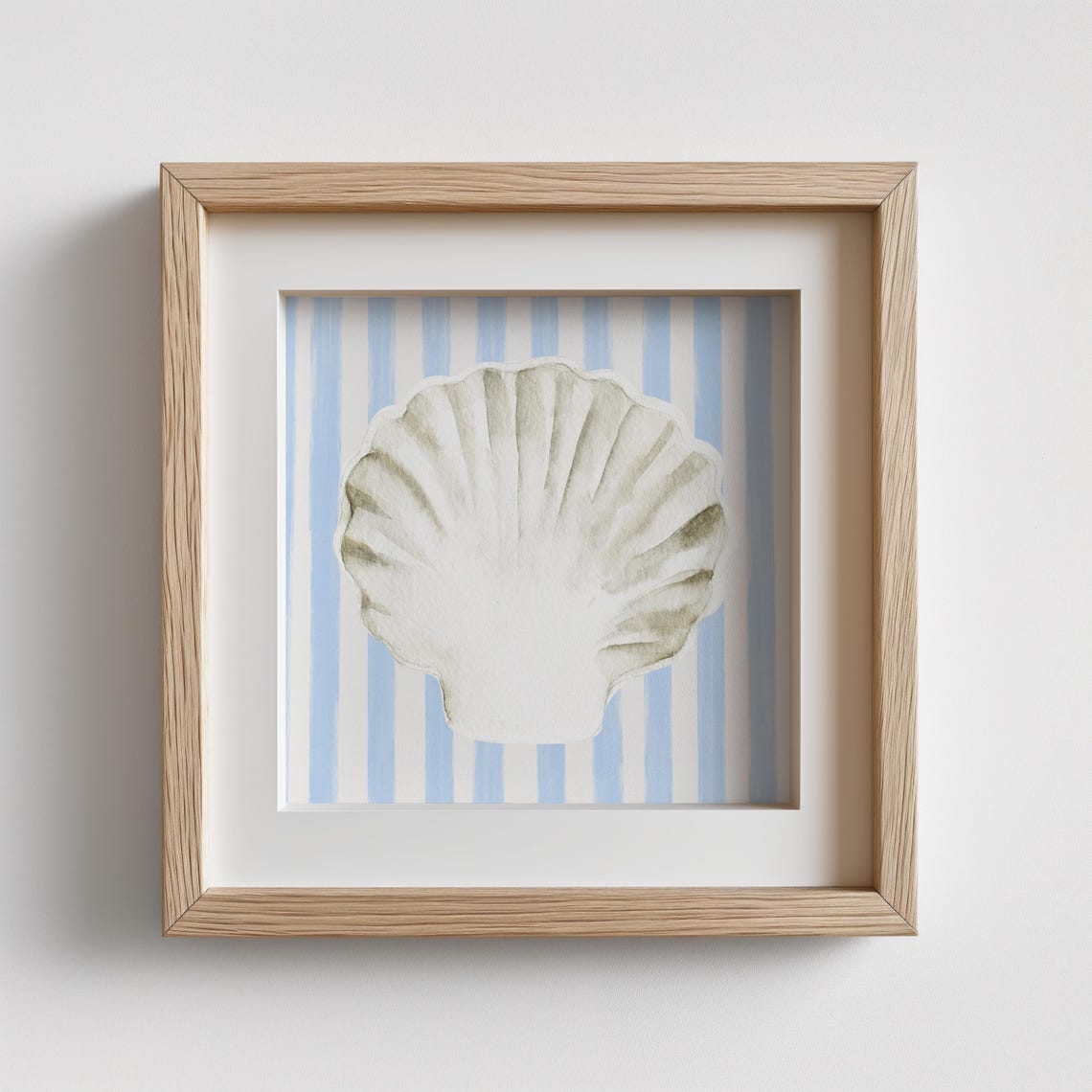 White Scallop Shell Blue Striped Background Coastal Watercolor Poster - Image 3