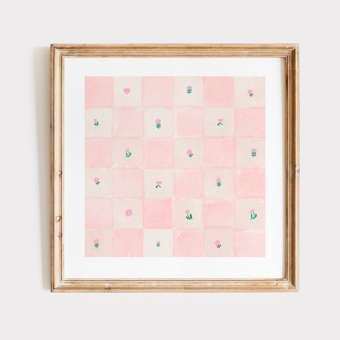 Pastel Pink Checkered Watercolor with Tiny Tulip Sprigs Square Poster - Image 2