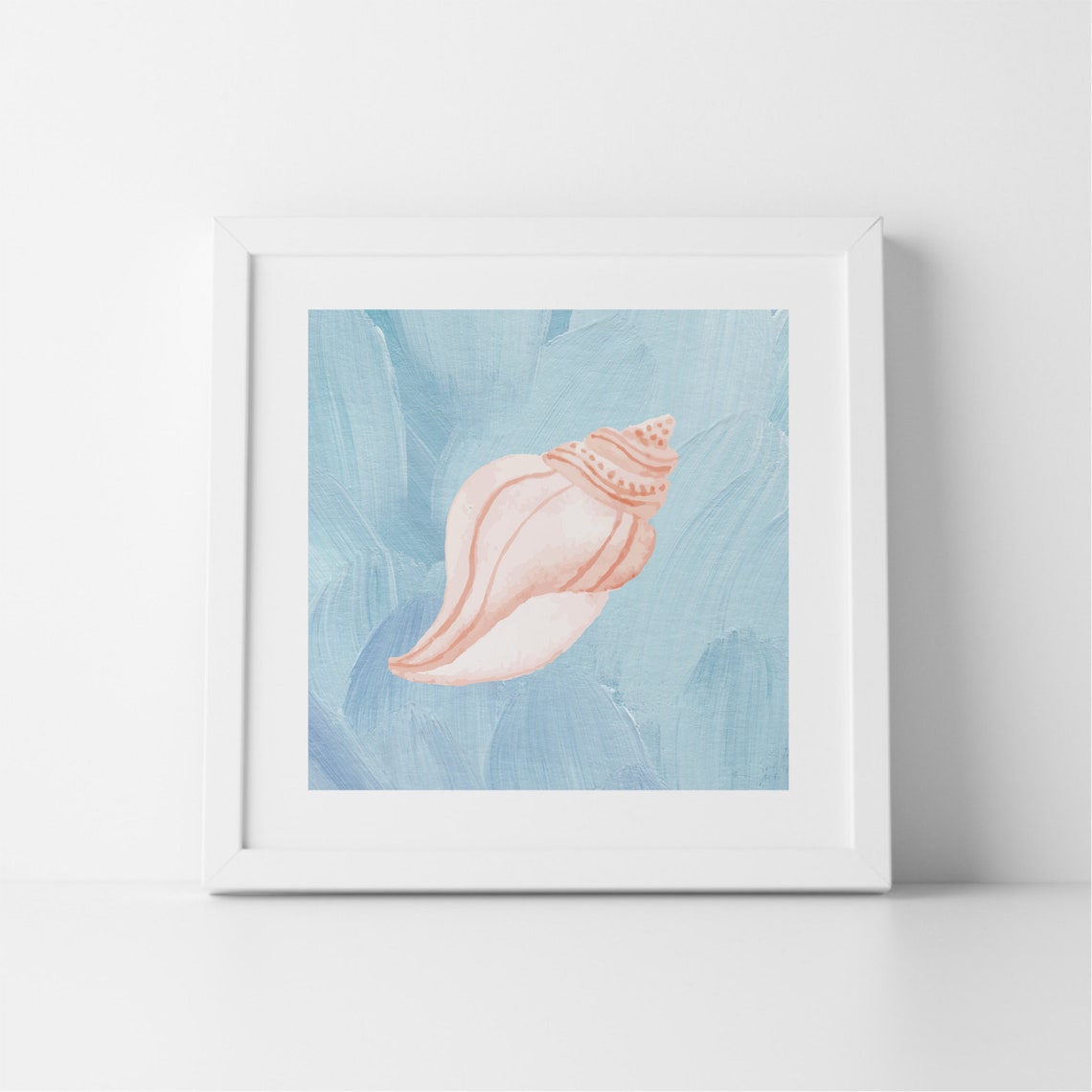 Blush Pink Conch Shell on Blue Watercolor Waves Square Art Print - Image 3