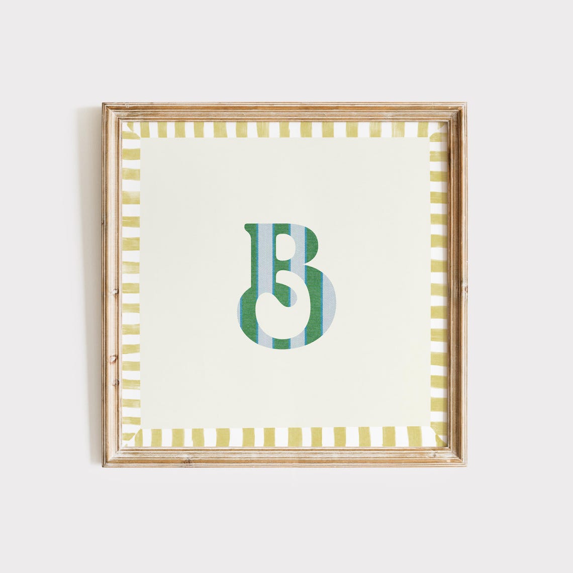 Swash Letter B Green Blue Striped Monogram Cream Framed Art Print