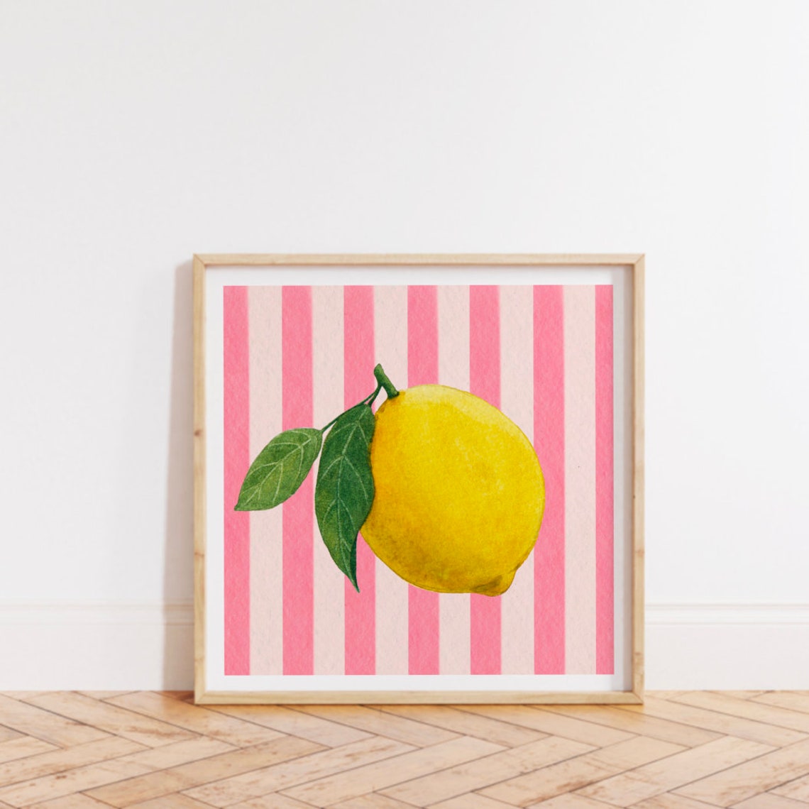 Fresh Watercolor Lemon on Pink and White Stripes Square Art Print - Image 3