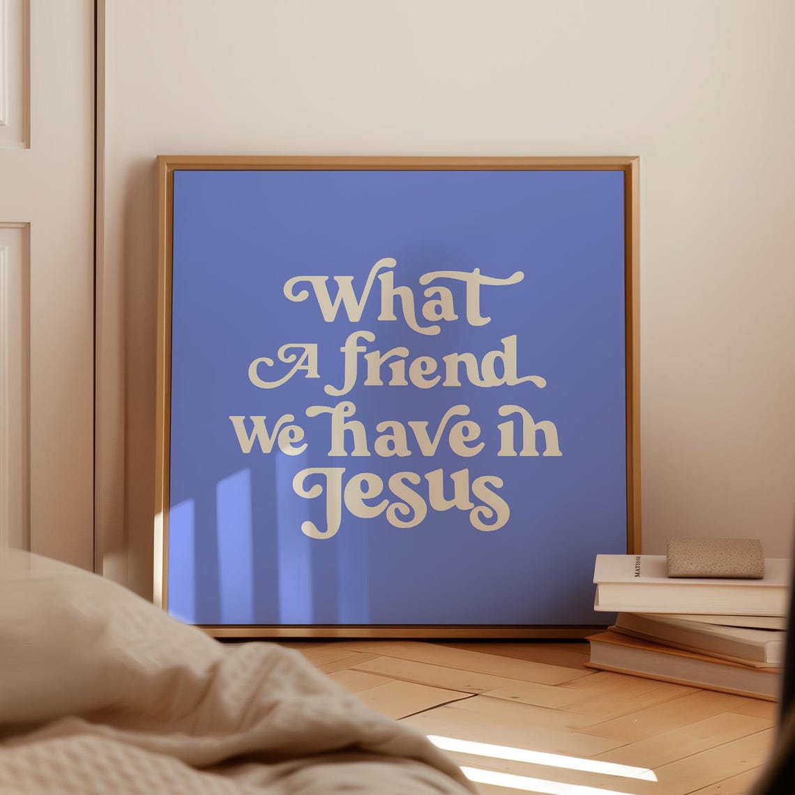 What a Friend We Have in Jesus Cream Retro Script on Blue Poster