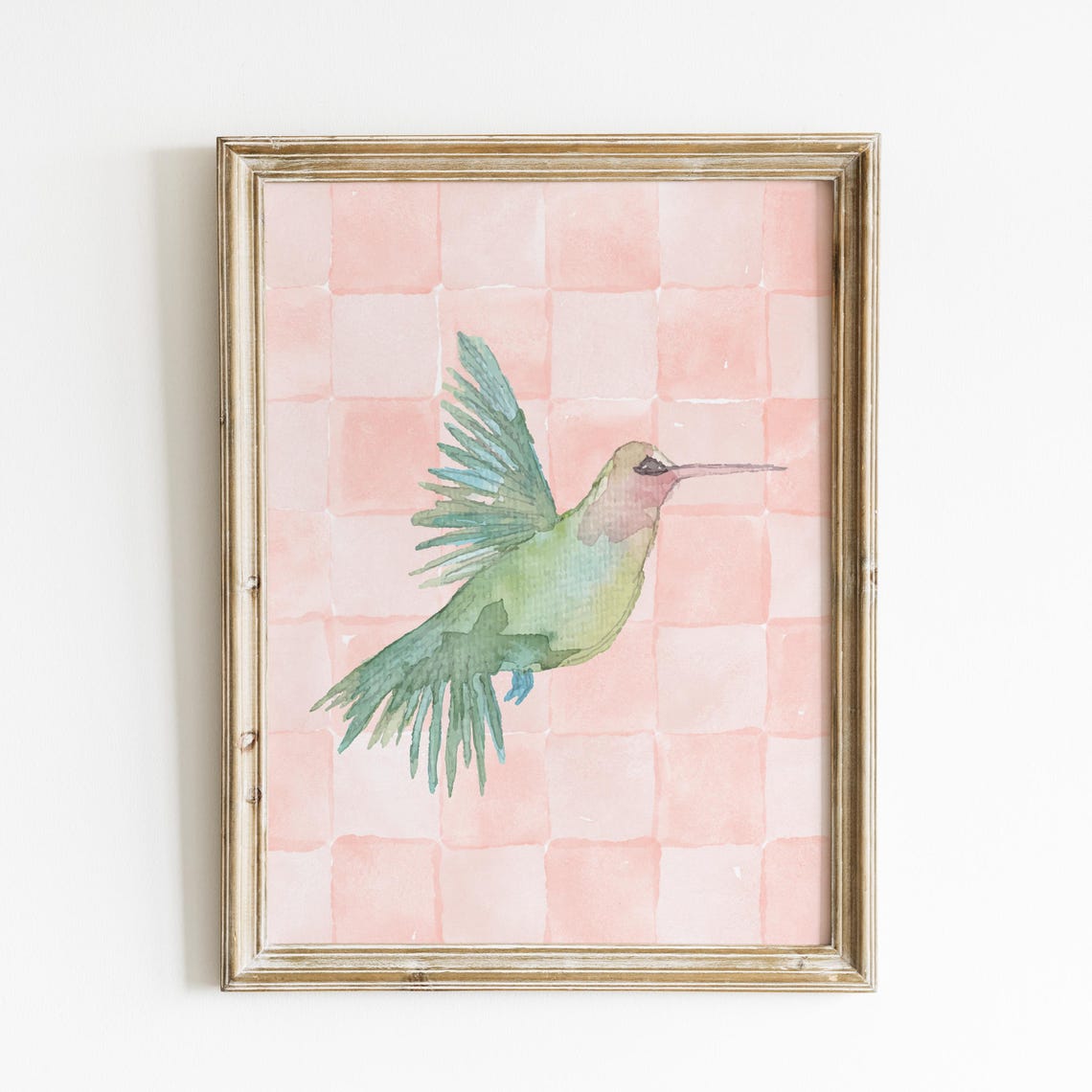 Green Hummingbird Watercolor Pink Checkerboard Nursery Wall Art Print - Image 4