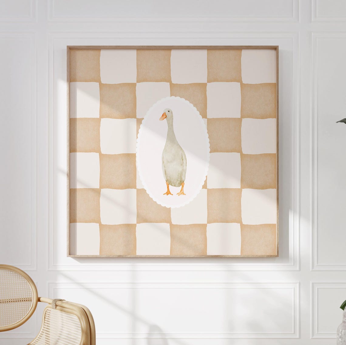 Watercolor Goose Oval Medallion Peach Checkerboard Nursery Poster - Image 3