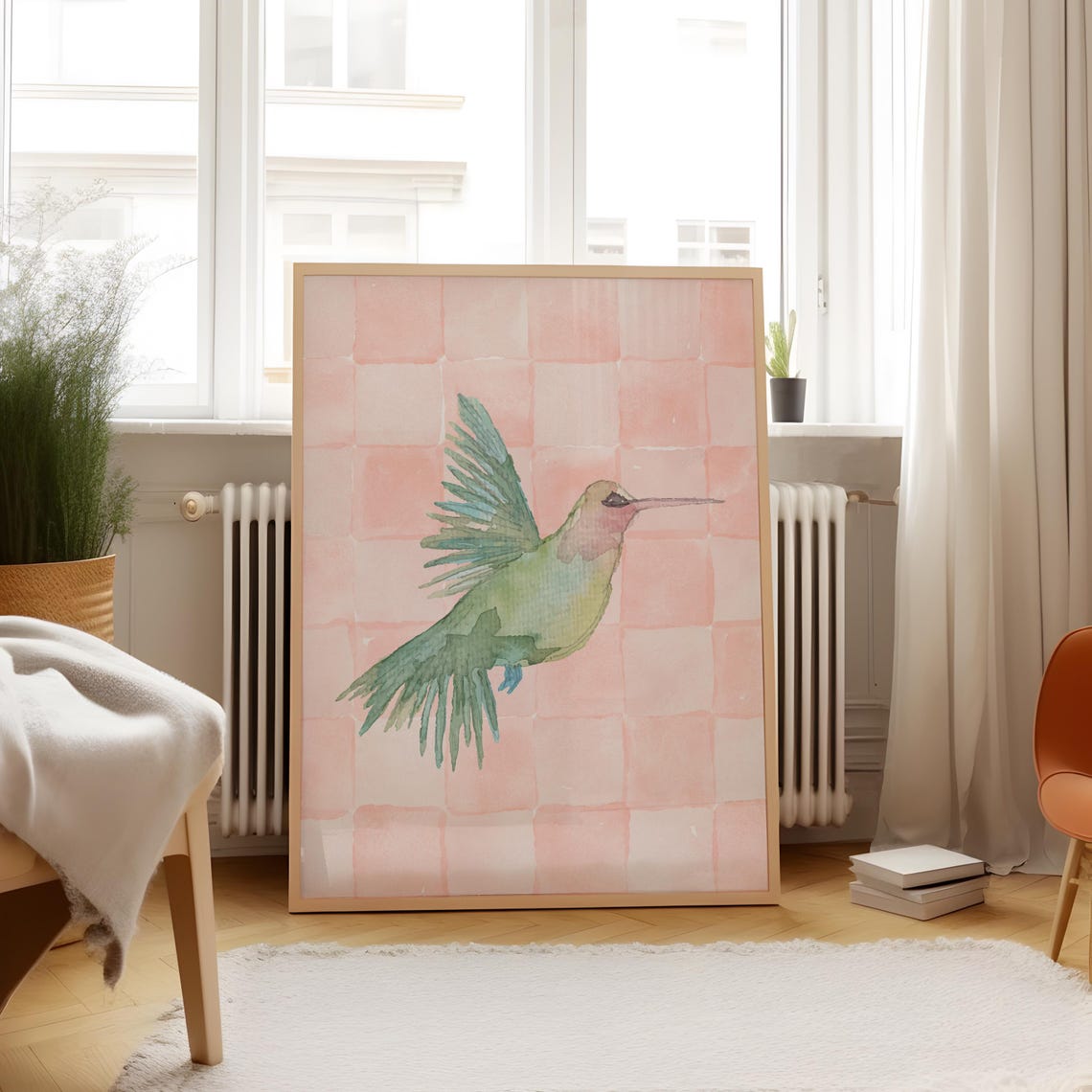 Green Hummingbird Watercolor Pink Checkerboard Nursery Wall Art Print - Image 5