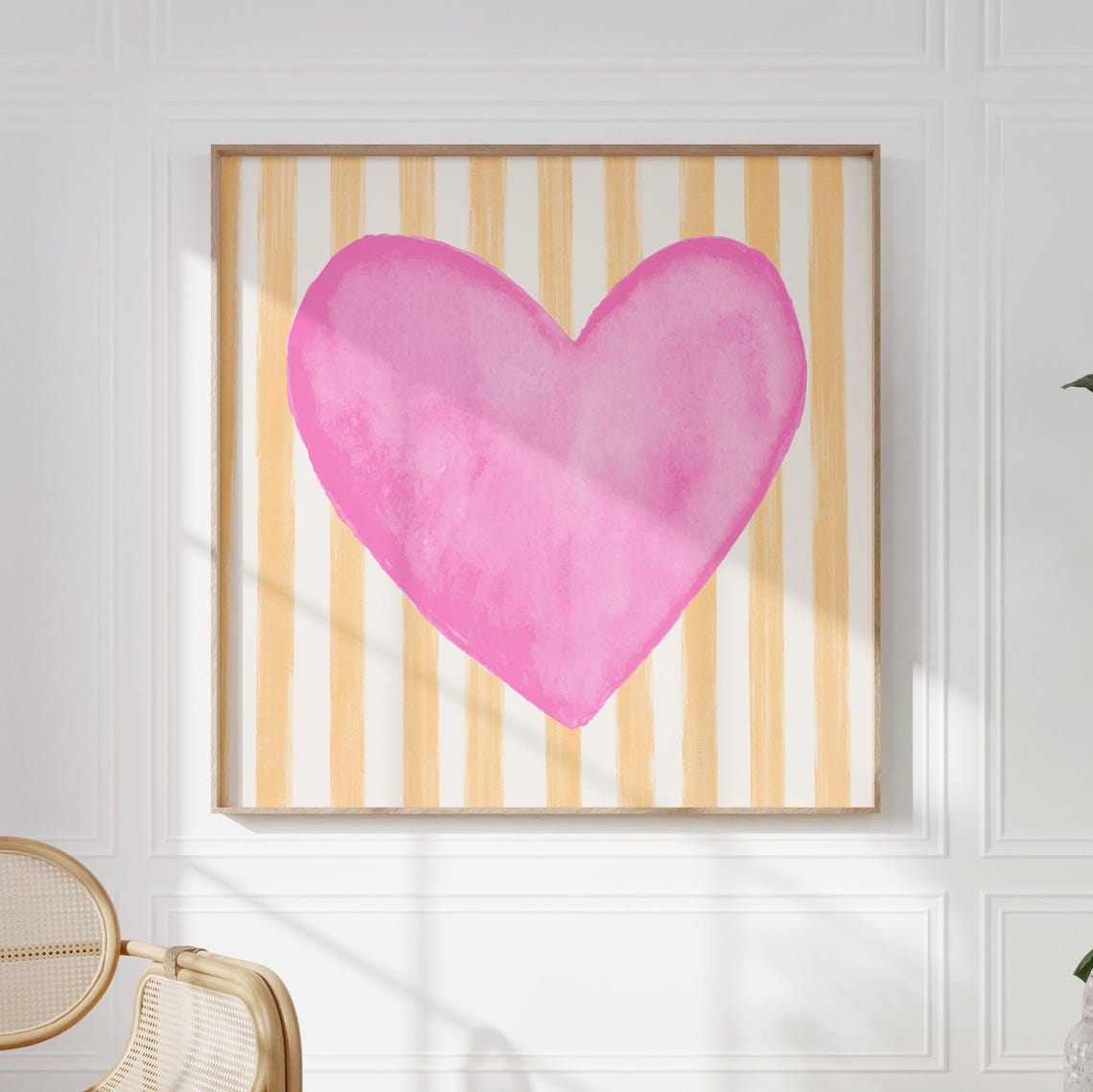 Pink Watercolor Heart Peach Striped Background Nursery Art Poster