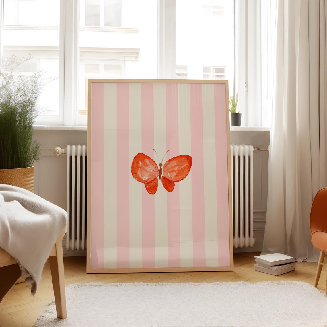 Orange Butterfly Blush Striped Watercolor Nursery Insect Art Print - Image 5