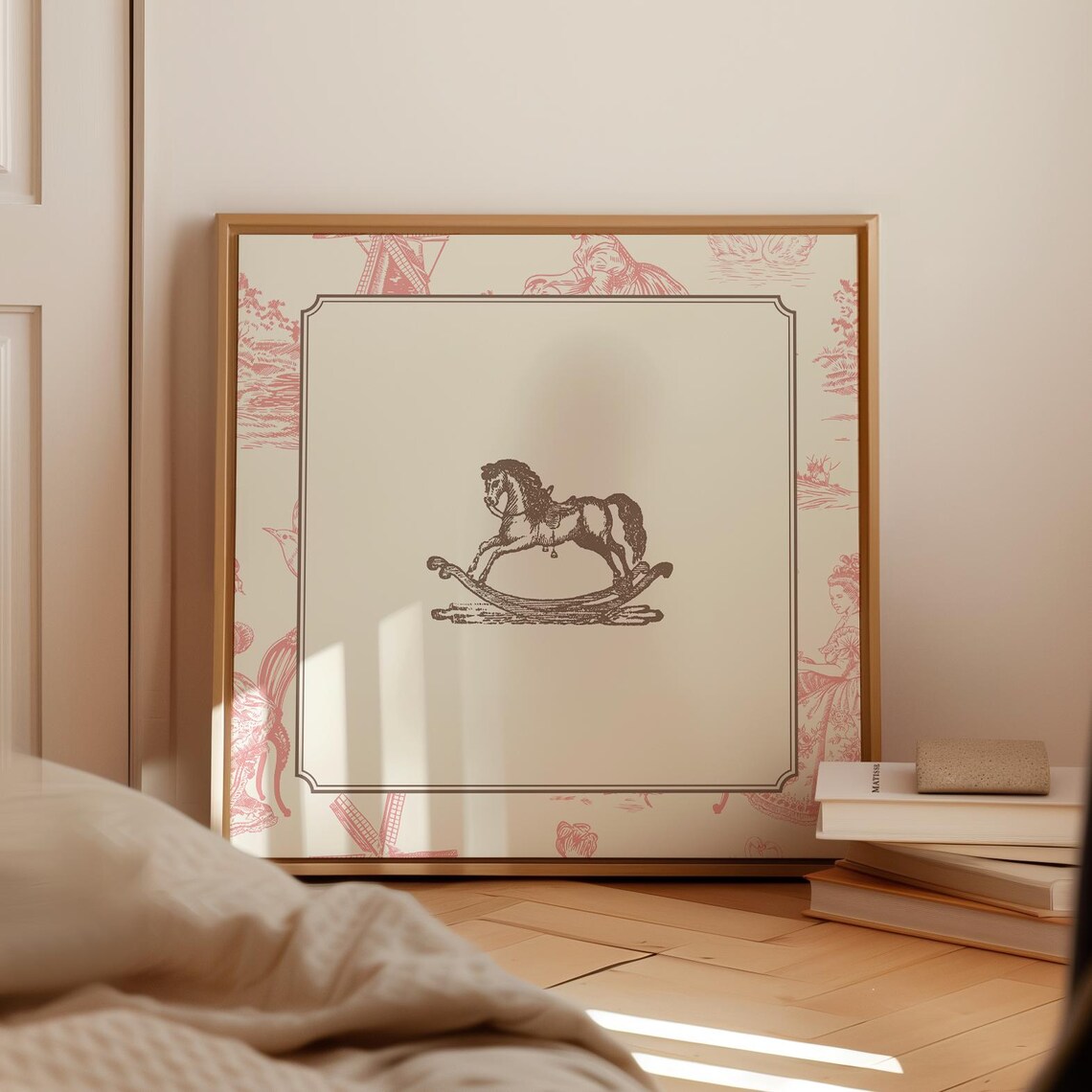 Pink Toile Border Vintage Rocking Horse Engraving Nursery Poster - Image 5