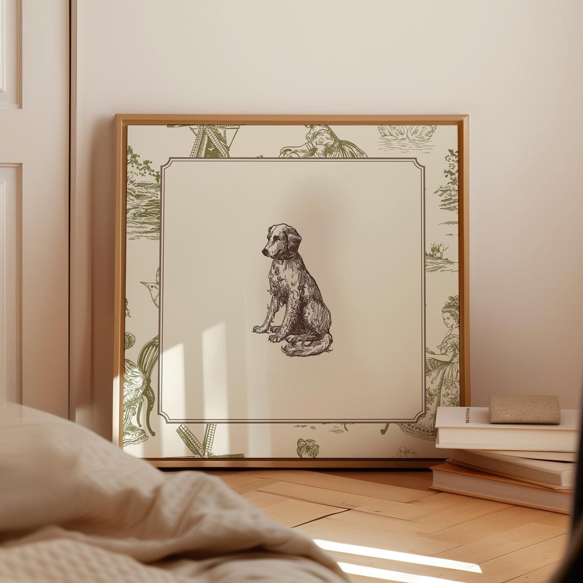Green Toile Border Sitting Dog Engraving Vintage Animal Poster - Image 2