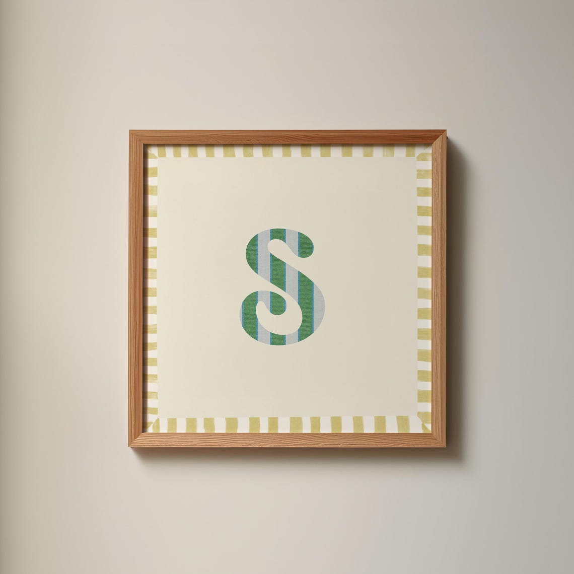 Swash Letter S Green Blue Striped Monogram Cream Framed Art Print - Image 3