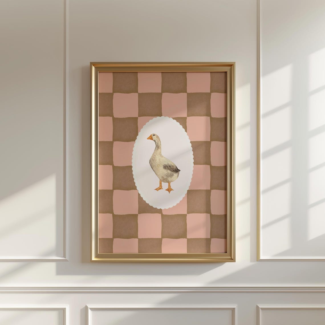 White Watercolor Goose Oval Cameo on Mauve Gingham Check Poster - Image 2