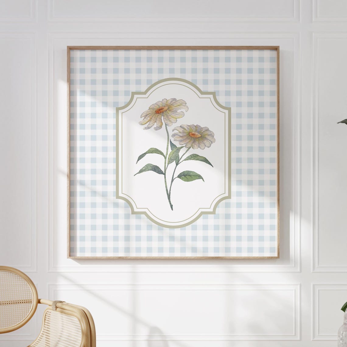 Cream Daisies With Orange Centers on Light Blue Gingham Vintage Poster - Image 2