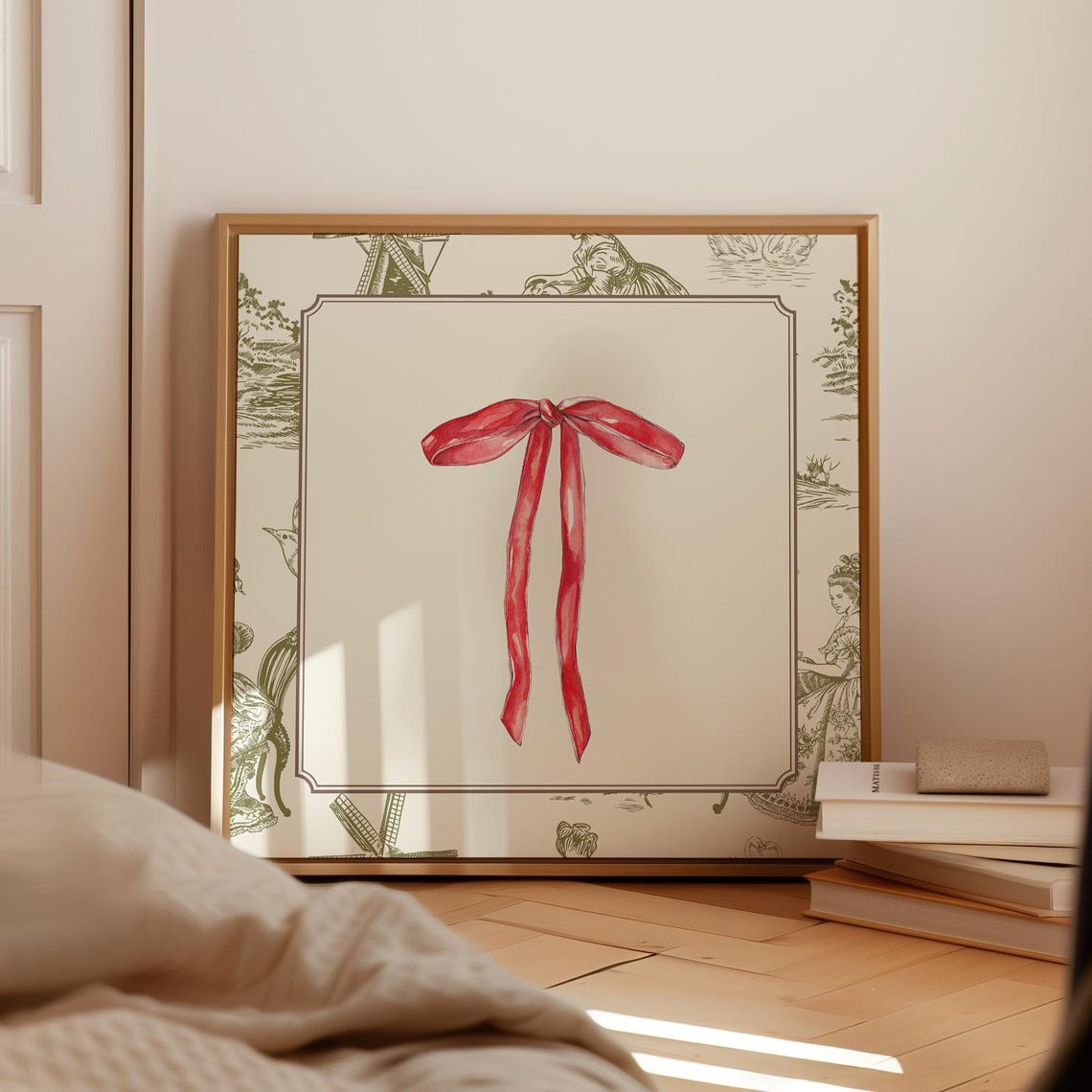 Green Toile Border Red Ribbon Bow Watercolor Minimalist Holiday Poster - Image 2