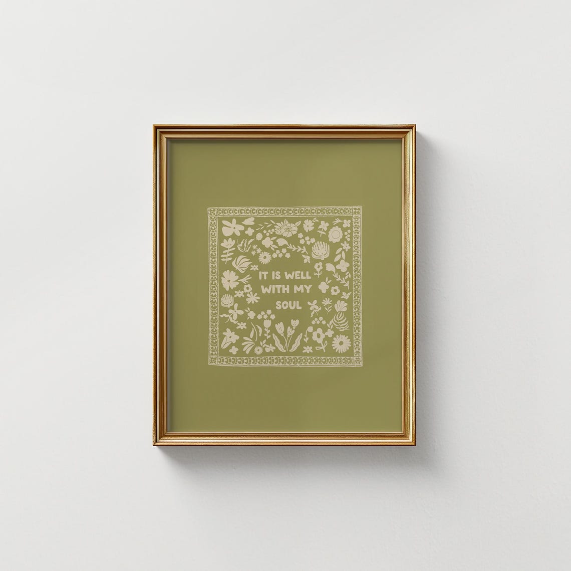 It Is Well With My Soul Cream Folk Quote Olive Green Wall Art Print - Image 5