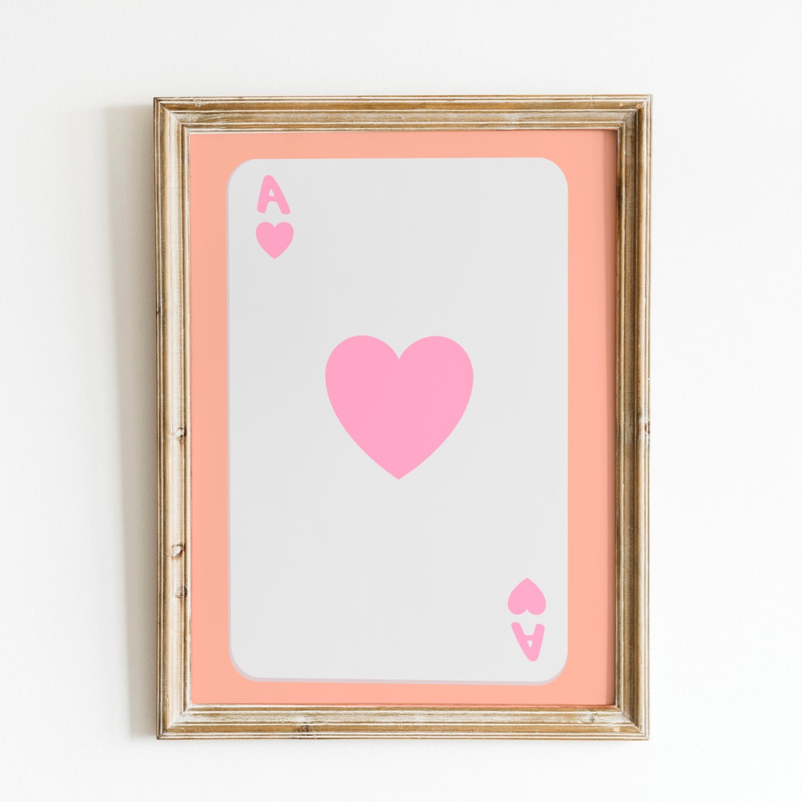 Pink Ace of Hearts Playing Card With Peach Border Vintage Art Print
