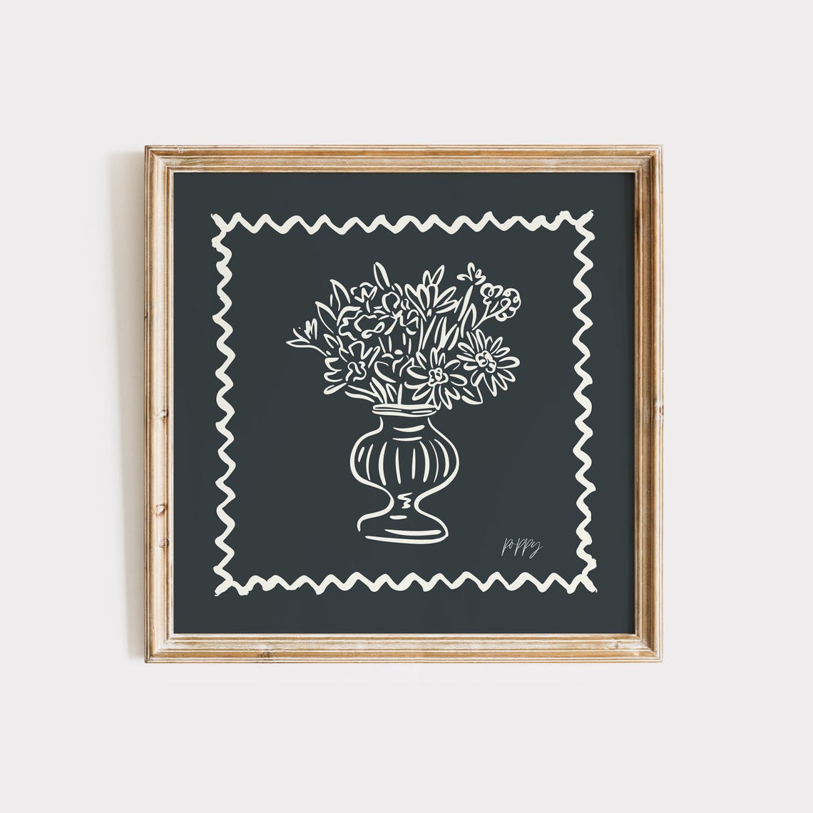 Black Background Cream Line Wildflower Bouquet Vase Modern Wall Poster