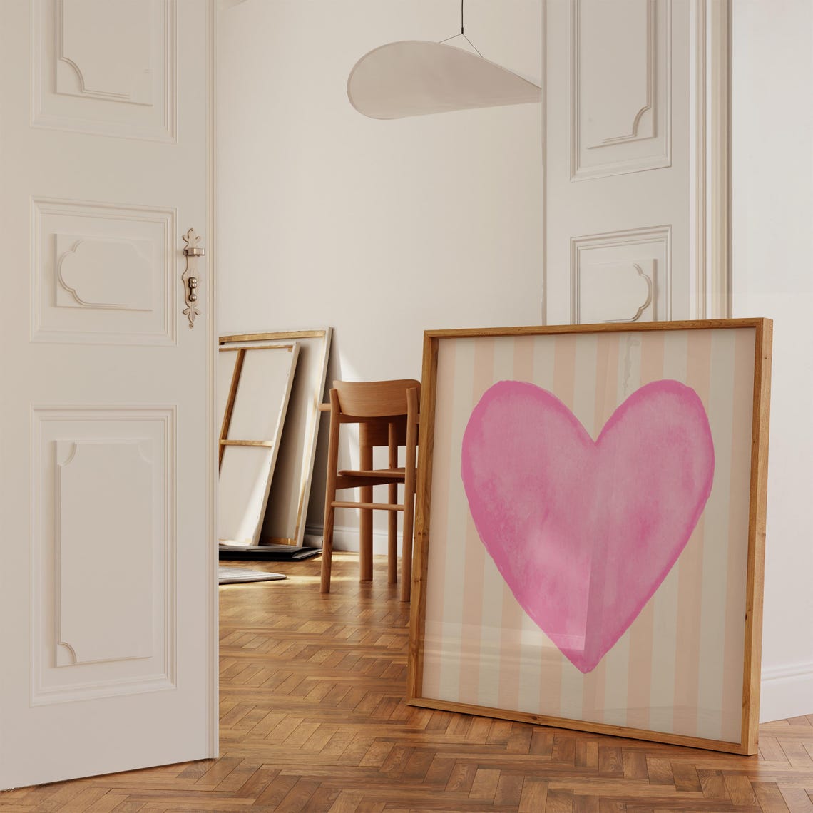 Bright Pink Watercolor Heart Peach Striped Valentine Wall Art Print - Image 3