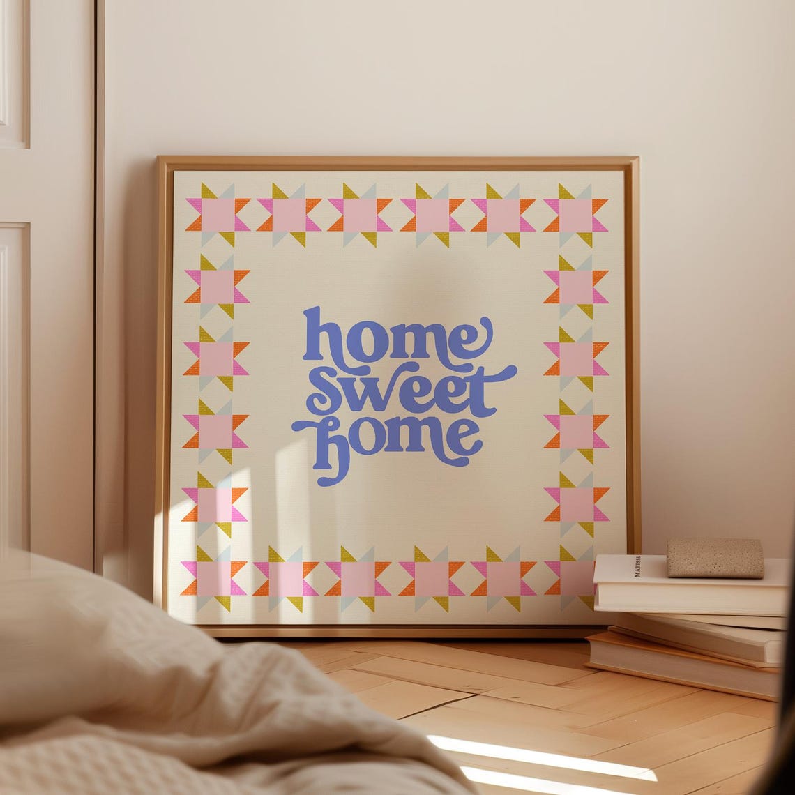 Blue Home Sweet Home Retro Script with Quilt Star Border Poster - Image 2