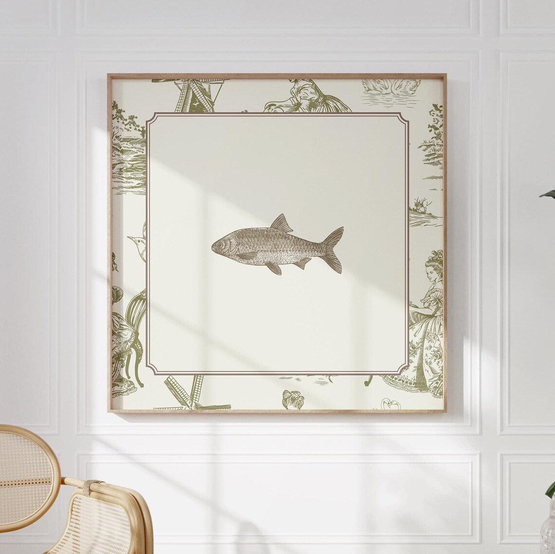 Vintage Green Toile Fish Print Art Print, Cottage Nursery - Image 5