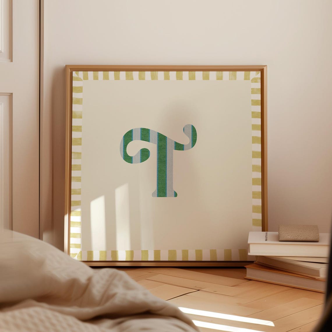 Swash Letter T Green Blue Striped Monogram Cream Framed Art Print - Image 5